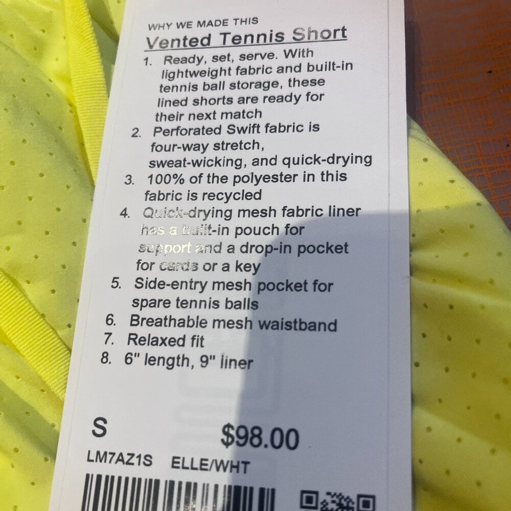 Lululemon MENS Yellow Vented Tennis Short L